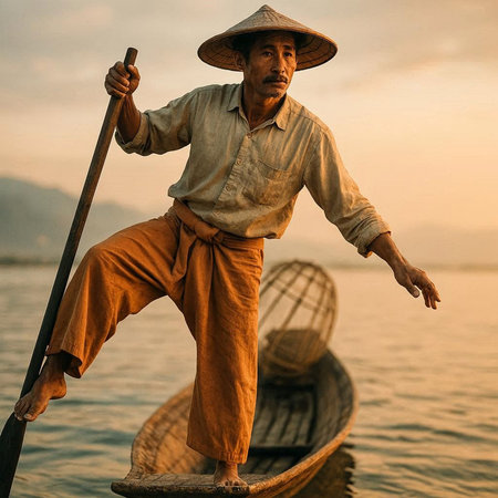 Fisherman on the boat at sunset in Inle Lake Myanmar