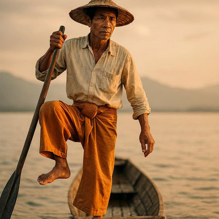 Vietnamese man on a boat in the sea at sunrise.