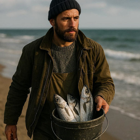 Fisherman holding a bucket of fresh seabass on the beach