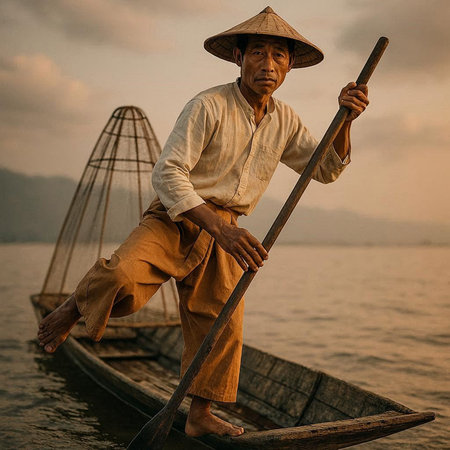 Vietnamese man in traditional clothes on the boat at sunrise.