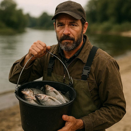 Fisherman with a bucket of fish on the river bank.