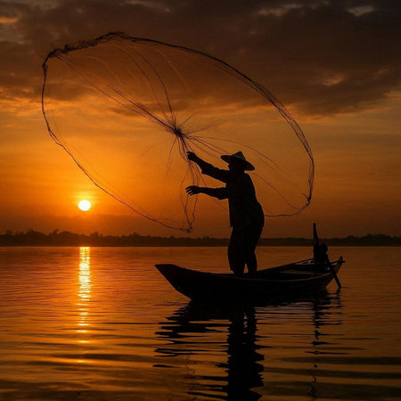Fisherman at sunrise in Inle Lake, Shan State, Myanmar