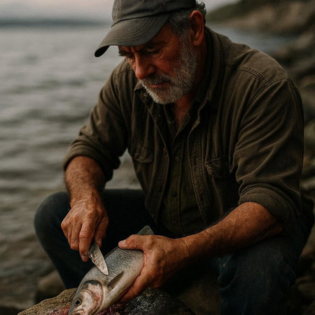 Senior fisherman with freshly caught fish on the river bank, close-up.