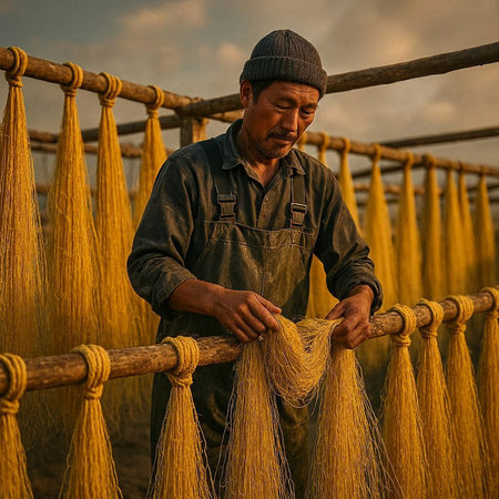 Fisherman working on the fishing net in the countryside of Vietnamの写真素材