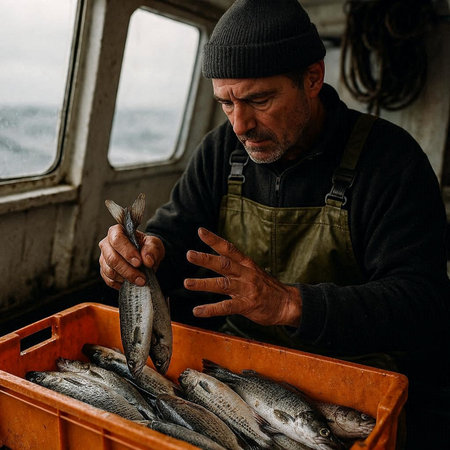 Fisherman on a fishing boat with freshly caught fish in his hands