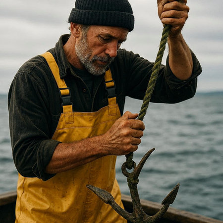 Fisherman holding an anchor on a fishing boat in the sea