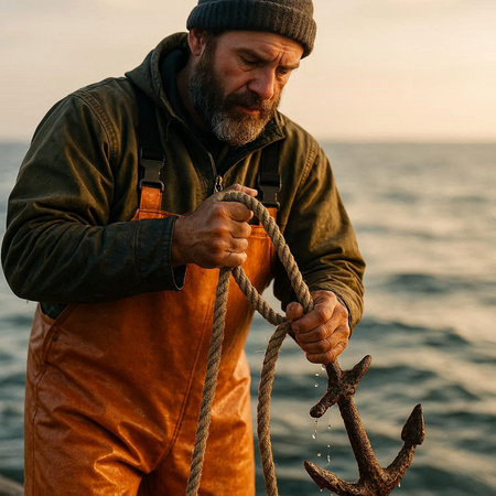 Portrait of a bearded fisherman with a rope on the background of the sea