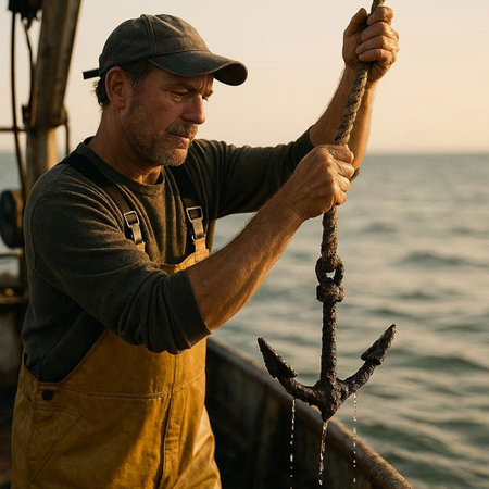 Fisherman holding an anchor on a fishing boat in the sea
