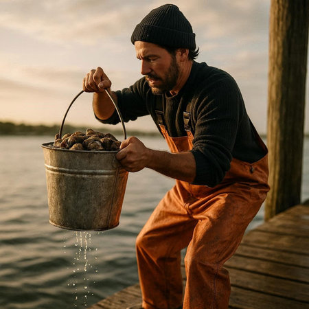 Portrait of a fisherman with a bucket of fresh mussels.