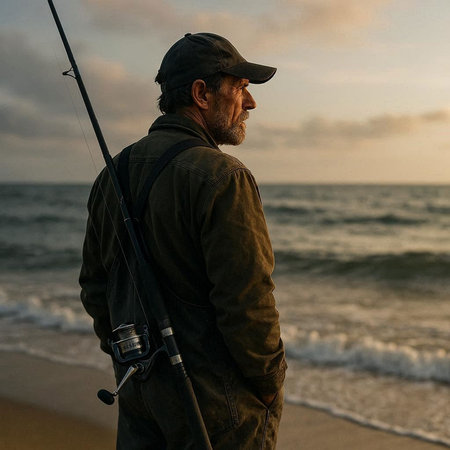Senior man fishing on the beach at sunset. He is wearing a green jacket and black cap.