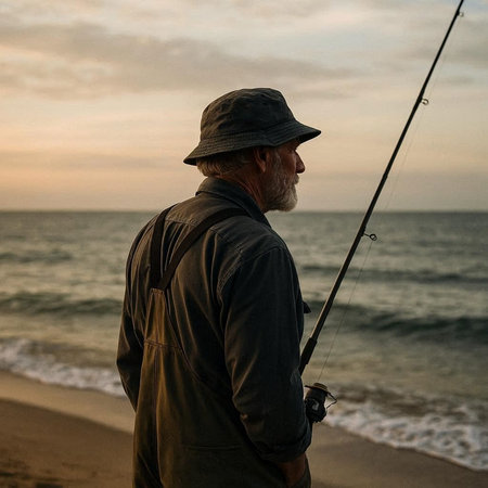 Senior man fishing on the beach at sunset, looking at the sea
