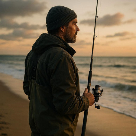 Senior man fishing on the beach at sunset. Side view of a senior man with a fishing rod on the...
