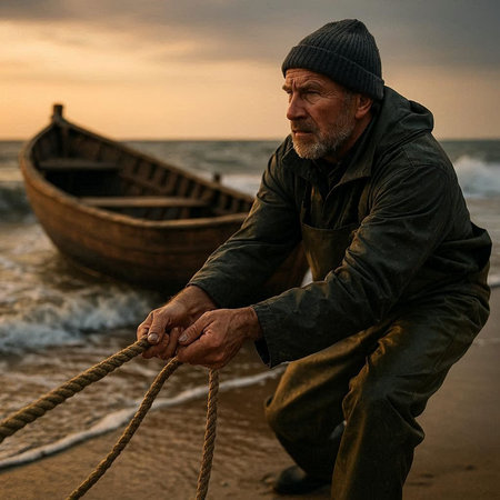Portrait of an old fisherman with a fishing boat on the beachの写真素材