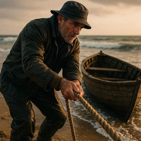 Fisherman pulling a rope on the seashore at sunset