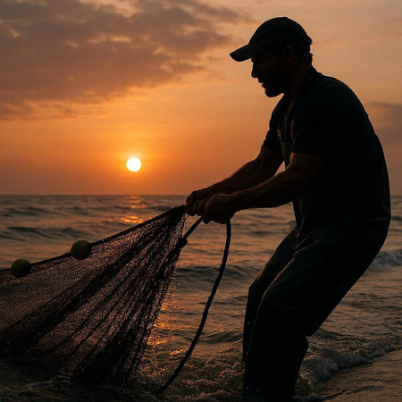Fisherman with net on the beach at sunset. Thailand.