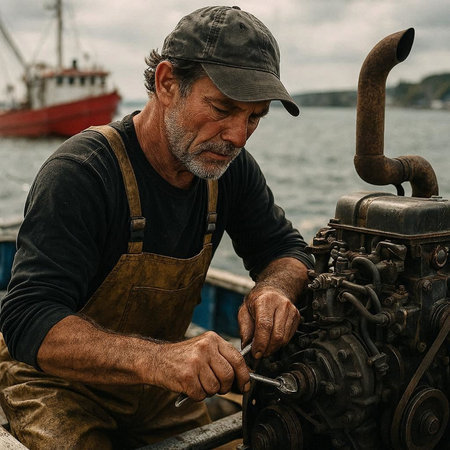 Portrait of a senior man repairing the engine of a boat.