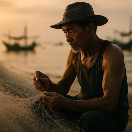 Fisherman with fishing net on the beach in the evening.