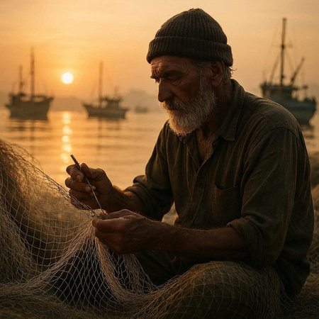 Fisherman sitting on a fishing net and fishing boat in the background
