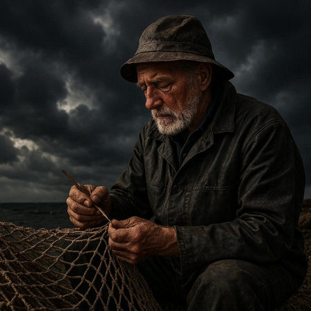 Fisherman with fishing net on a dark stormy day.