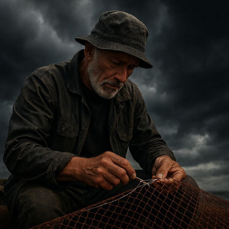 Fisherman with fishing net on the background of stormy sky