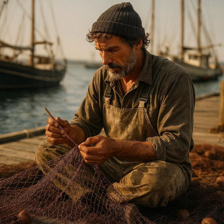 Portrait of a fisherman sitting on the dock and working with fishing net