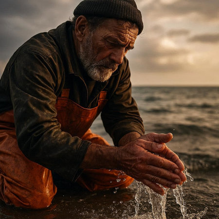 Portrait of an old fisherman on the seashore at sunset