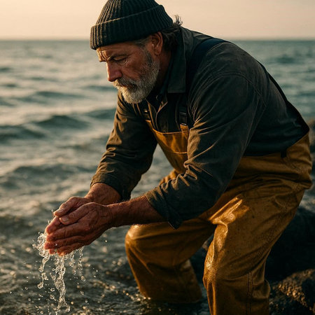 Portrait of an old man standing on the seashore at sunset