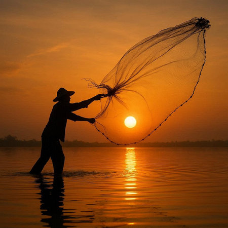 Fisherman at sunrise in the Mekong Delta, Vietnam.