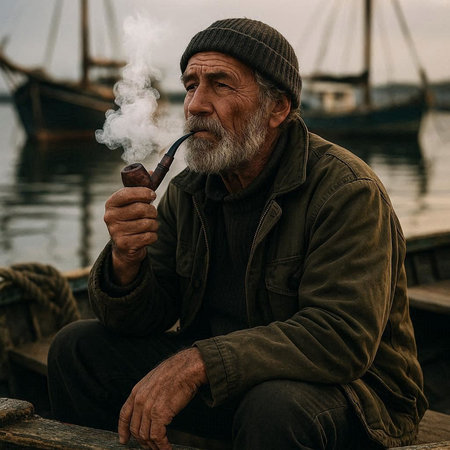 Portrait of an old man smoking a pipe on a pier.
