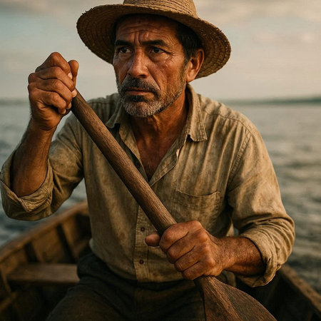 Portrait of a senior man rowing a boat on the sea
