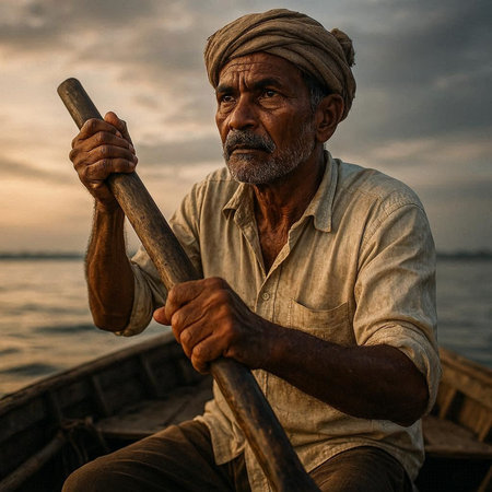 Portrait of an old man sitting on a boat in Varanasi, India