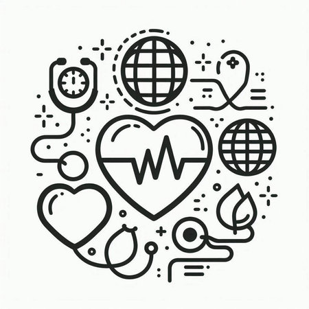 Vector illustration of heart with stethoscope and world globe. Health care concept.