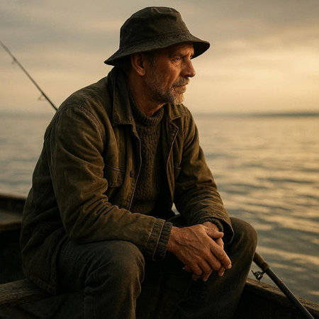 Senior man fishing on a boat in the evening at sunset. Portrait