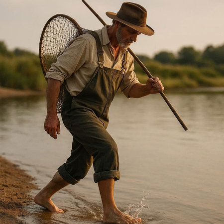 Elderly man fishing on the river in the summer evening.