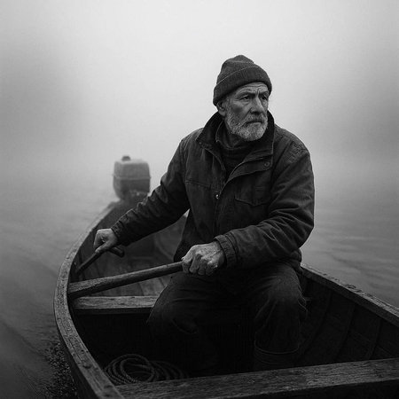 Portrait of a man in a boat on a foggy lakeの写真素材