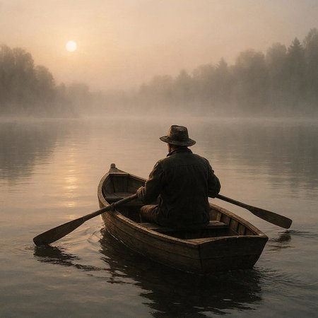 Fisherman in a boat on a foggy lake at sunrise