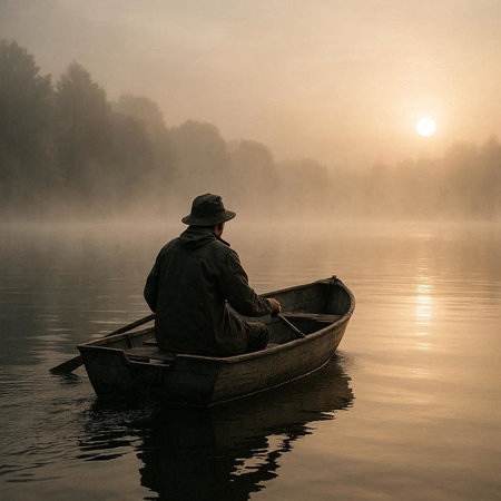 Fisherman in a boat on a misty lake at sunrise