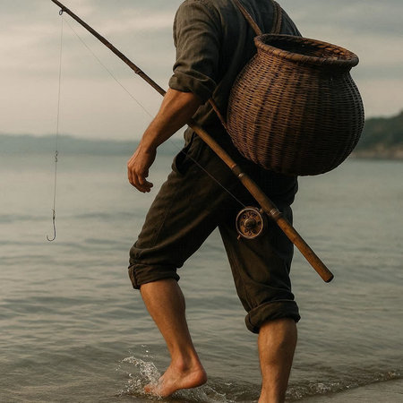 Fisherman with a fishing rod and a wicker basket.