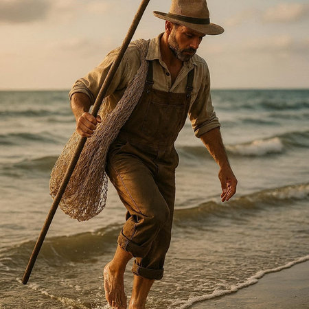 Fisherman with a fishing net on the seashore.