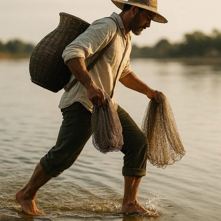 Fisherman walking with fishing net on the river bank at sunset