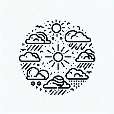 Line art illustration of sun, clouds and rain. Outline design.の写真素材