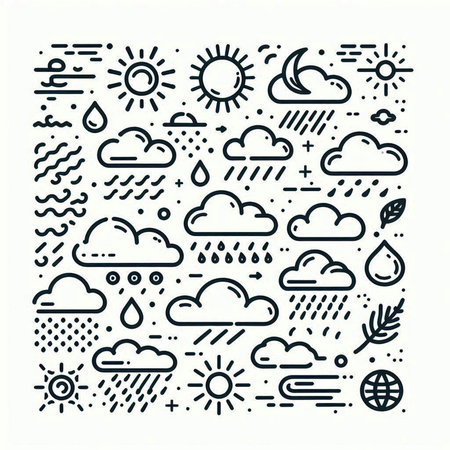 Vector set of weather icons in thin line style on white background.