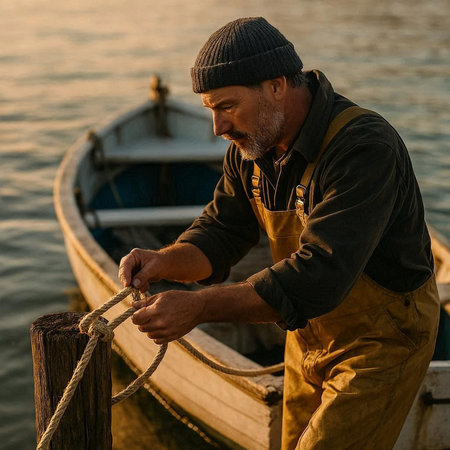 Fisherman on a fishing boat in the port at sunset.の写真素材