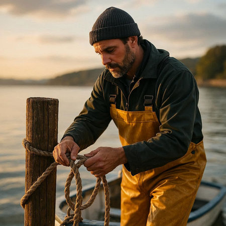 Fisherman tying a rope on a wooden pier at sunset.の写真素材