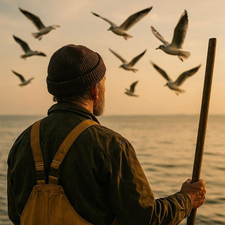 A fisherman with a fishing rod and seagulls in the background
