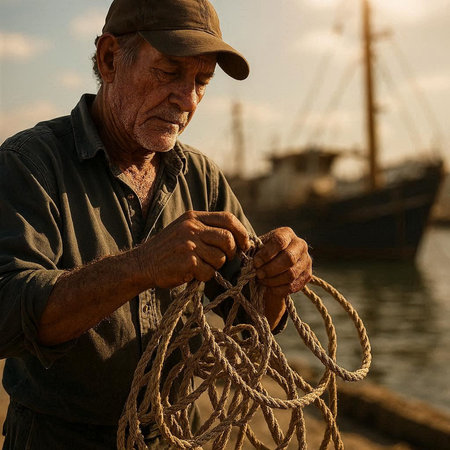 Fisherman with a fishing net on the quay at sunset