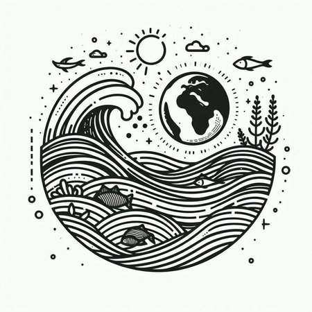 Hand drawn vector abstract graphic illustration with sea waves and planet Earth. Line art design.
