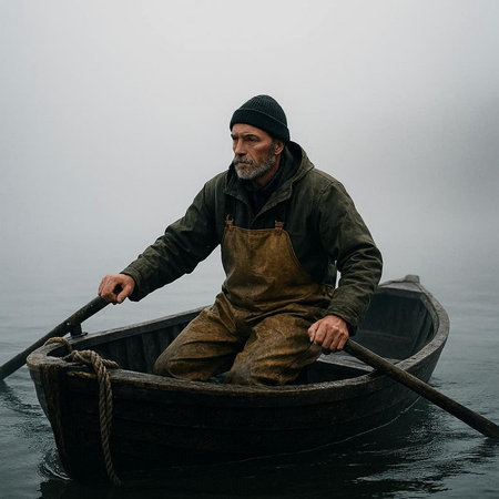 Fisherman in a boat on a foggy misty morning
