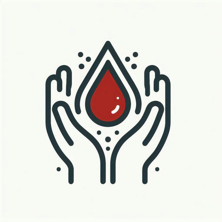 Blood donation vector icon. Hand with drop of blood and hands.