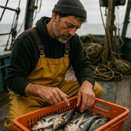 Fisherman with a basket of freshly caught sea bass on a fishing boat